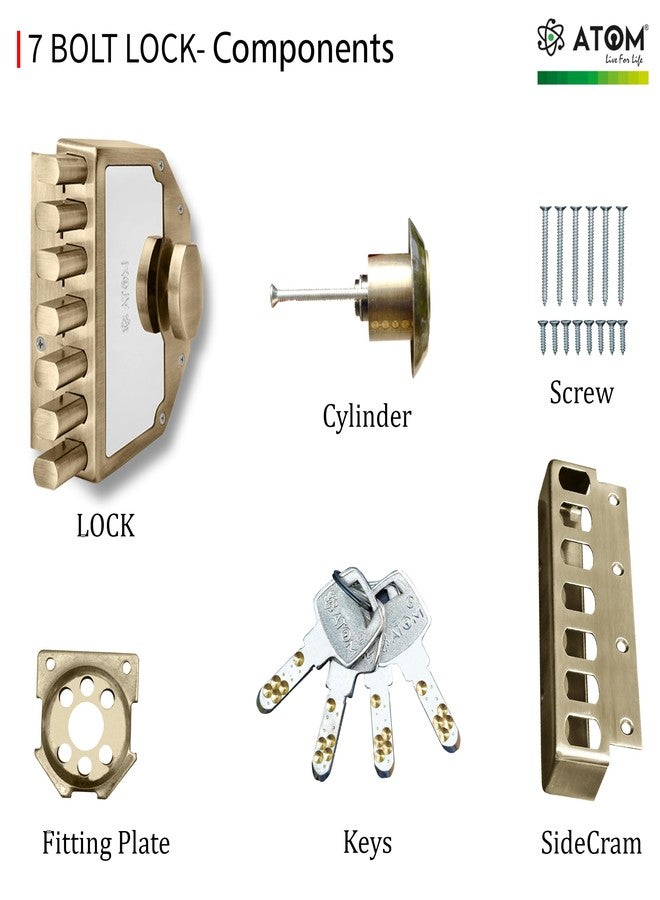ATOM 7 Deadbolt Main Door Lock for Home | Heavy-Duty Brass & Steel Rim Lock | Secure Door Lock with Key for Main Doors, Single Doors, Cupboards, Almirahs - 7 Lever Dead Bolt - Image 5