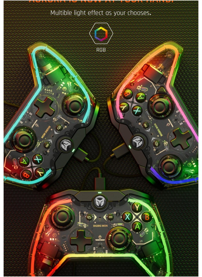 وحدات تحكم الألعاب السلكية BIGBIG WON Rainbow Lite للكمبيوتر الشخصي RGB Light، أزرار مخصصة، ماكرو، توربو، وحدة تحكم الكمبيوتر الشخصي، وحدة تحكم مزدوجة للصدمات للتبديل/Win10&amp;11 لجهاز PS4 عبر وحدة تحكم ألعاب R90 PC
