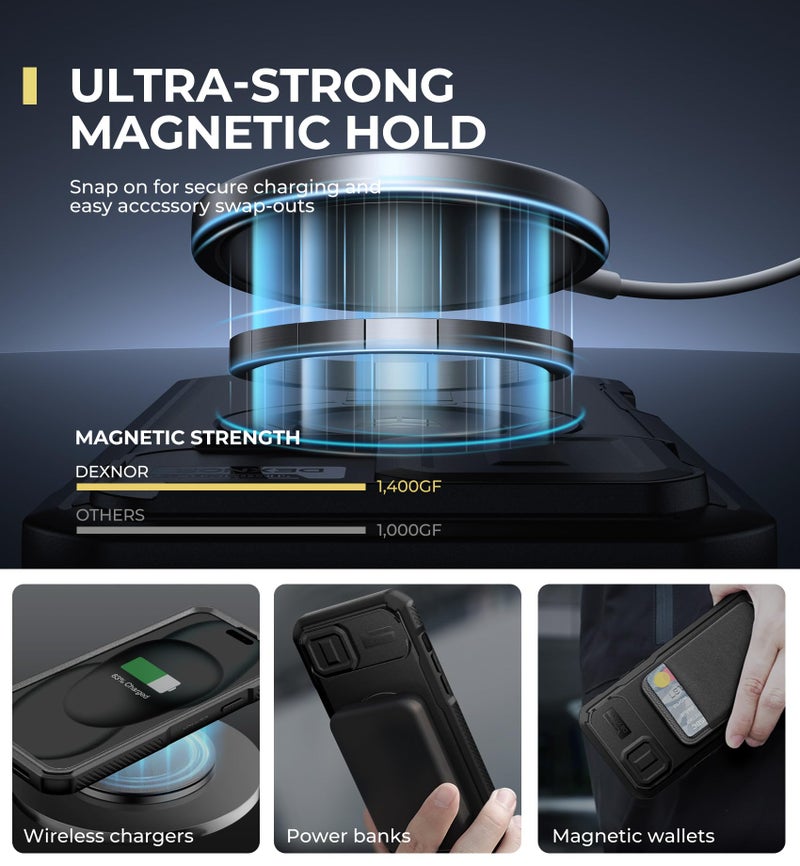 Dexnor for iPhone 15 Plus/14 Plus Case with Slide Camera Cover & Adjustable Kickstand & Built-in Screen Protector, Magsafe Rugged Shockproof Bumper Cases Heavy-Duty Magnetic Protective Cover,Black - Image 3
