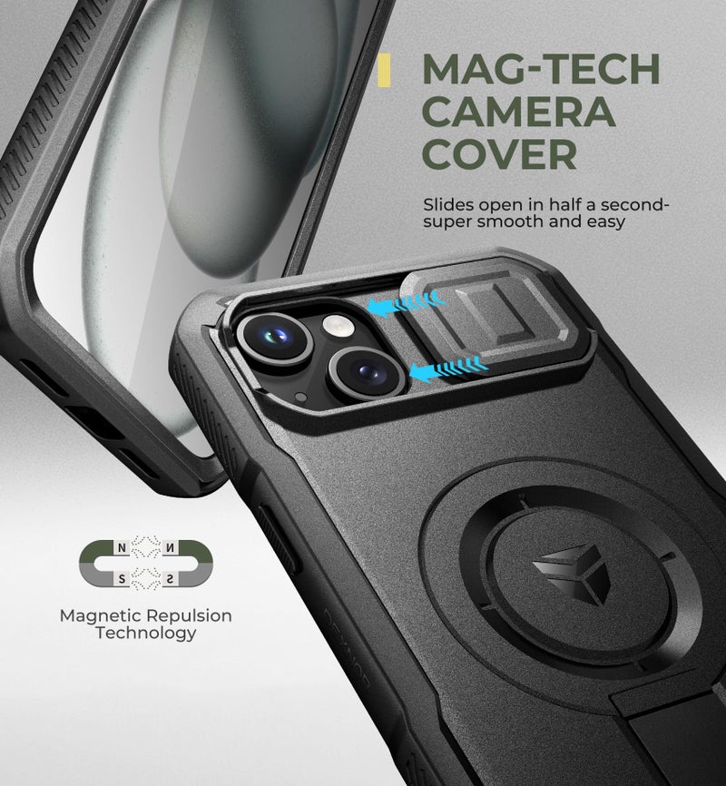 Dexnor for iPhone 15 Plus/14 Plus Case with Slide Camera Cover & Adjustable Kickstand & Built-in Screen Protector, Magsafe Rugged Shockproof Bumper Cases Heavy-Duty Magnetic Protective Cover,Black - Image 4