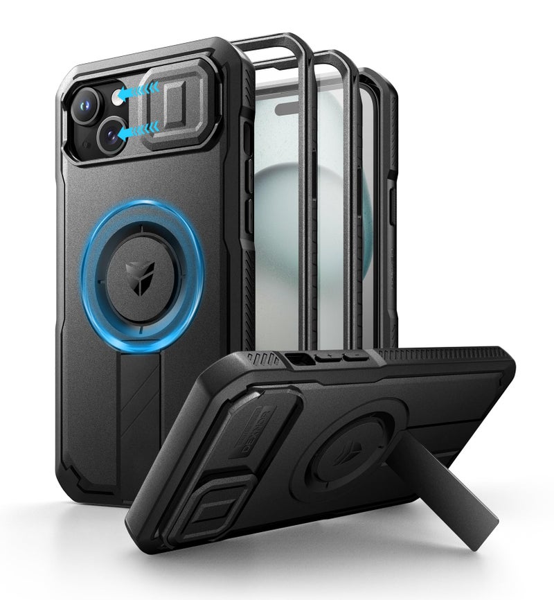 Dexnor for iPhone 15 Plus/14 Plus Case with Slide Camera Cover & Adjustable Kickstand & Built-in Screen Protector, Magsafe Rugged Shockproof Bumper Cases Heavy-Duty Magnetic Protective Cover,Black - Image 1