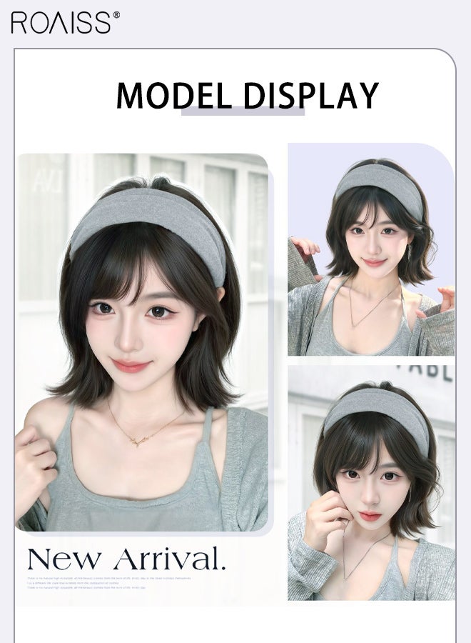 roaiss Women's Brown Black Straight Wig, Headband & Wig 2 in 1  Gray Wide-brimmed Knitted Hair Band, Removable Synthetic Heat-resistant Wig, Natural Looking Suitable for Parties and Daily Wear - Image 3