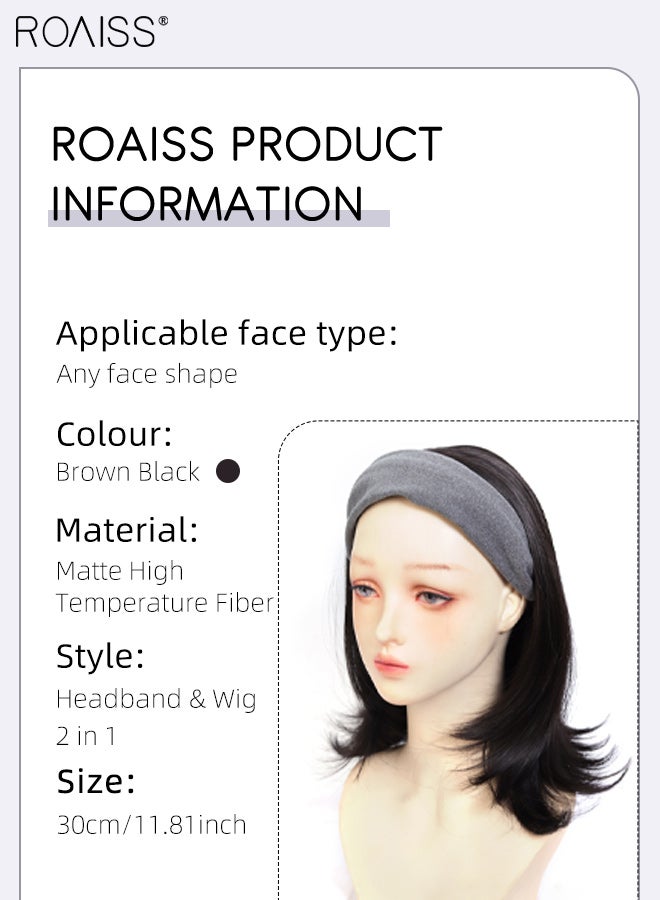 roaiss Women's Brown Black Straight Wig, Headband & Wig 2 in 1  Gray Wide-brimmed Knitted Hair Band, Removable Synthetic Heat-resistant Wig, Natural Looking Suitable for Parties and Daily Wear - Image 4