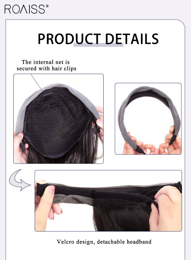 roaiss Women's Brown Black Straight Wig, Headband & Wig 2 in 1  Gray Wide-brimmed Knitted Hair Band, Removable Synthetic Heat-resistant Wig, Natural Looking Suitable for Parties and Daily Wear - Image 2