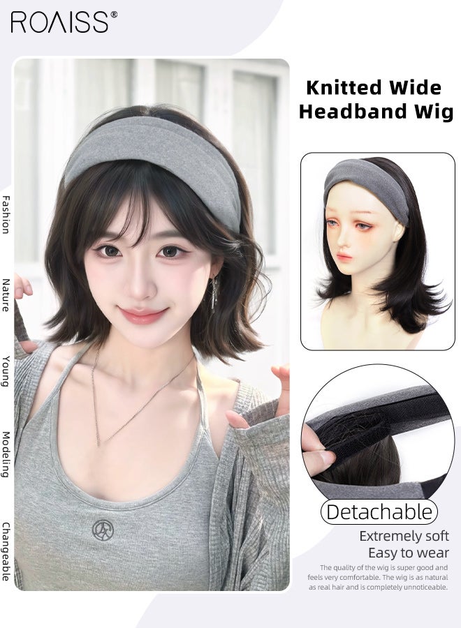 roaiss Women's Brown Black Straight Wig, Headband & Wig 2 in 1  Gray Wide-brimmed Knitted Hair Band, Removable Synthetic Heat-resistant Wig, Natural Looking Suitable for Parties and Daily Wear - Image 1