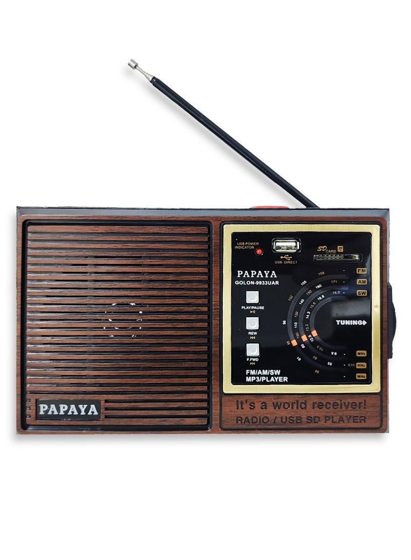 Papaya Radio  9933UAR Rechargable With 3 Band - Brown - Image 1