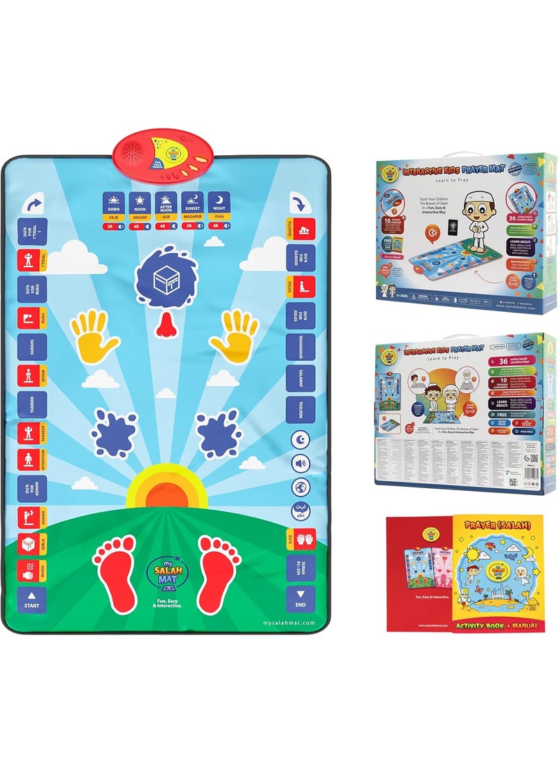 ECVV Smart Interactive Islamic Prayer Mat for Kids 3+ | Learn Salah, Surahs, Wudu & Duas | 10 Languages | 25 Touch Keys | Padded Educational Prayer Rug with Salah Translation | Blue - Image 2