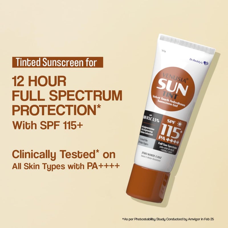 VENUSIA د. ريدي فينوسيا تينت واقي شمس SPF 115 أول واقي شمس في الهند بأعلى SPF لمسة نهائية غير لامعة حماية كاملة الطيف لمدة 12 ساعة يقلل من التصبغ بدون أثر أبيض خالي من المواد المسببة للحساسية والبارابين 50 جرام - Image 3