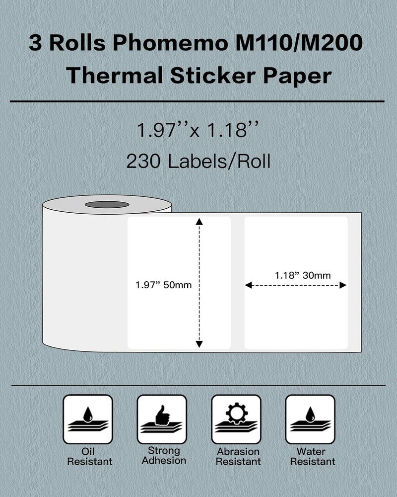 Phomemo Labels- 3 Rolls M110/M220/M221/M120/M200 Thermal Paper 1.97"x1.18"(50x30mm)- M110 Labels Multipurpose Square Self-Adhesive Label for Product Tag, Barcode Label, Address Label, 230 Labels/Roll - Image 2