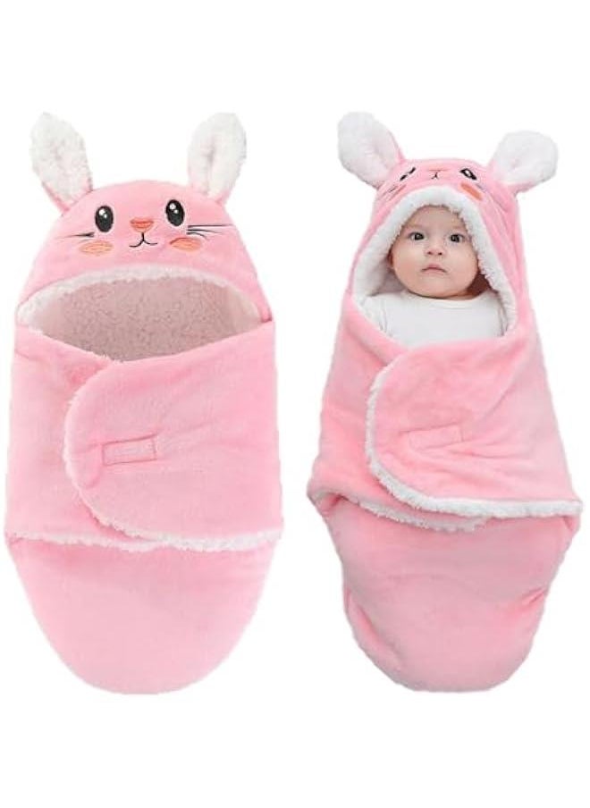 MIXDE 1-Pack Baby Hooded Fleece Swaddle Blanket Newborn Cartoon Receiving Blanket Soft Plush Sleeping Bag Sack Stroller Wrap Baby Hug Delivery Room Package Baby Anti Kick Sleep Sack 62cm (Pink)  - Image 1