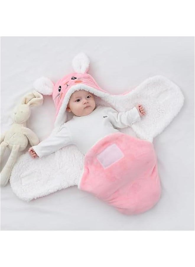 MIXDE 1-Pack Baby Hooded Fleece Swaddle Blanket Newborn Cartoon Receiving Blanket Soft Plush Sleeping Bag Sack Stroller Wrap Baby Hug Delivery Room Package Baby Anti Kick Sleep Sack 62cm (Pink)  - Image 2