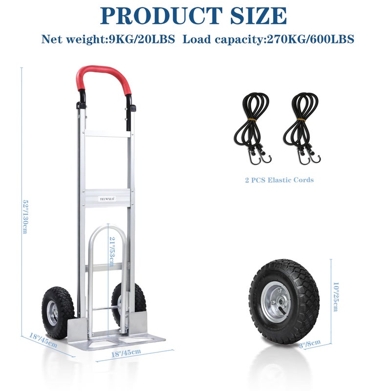 TEUWXLO Aluminum Alloy Hand Truck with U-Shaped Handle, 2 Rubber Wheels, 600 lb Capacity, Ext endable Base Plate - Suitable for Warehouse, Office, Home & Multiple Usage Scenarios - Image 2