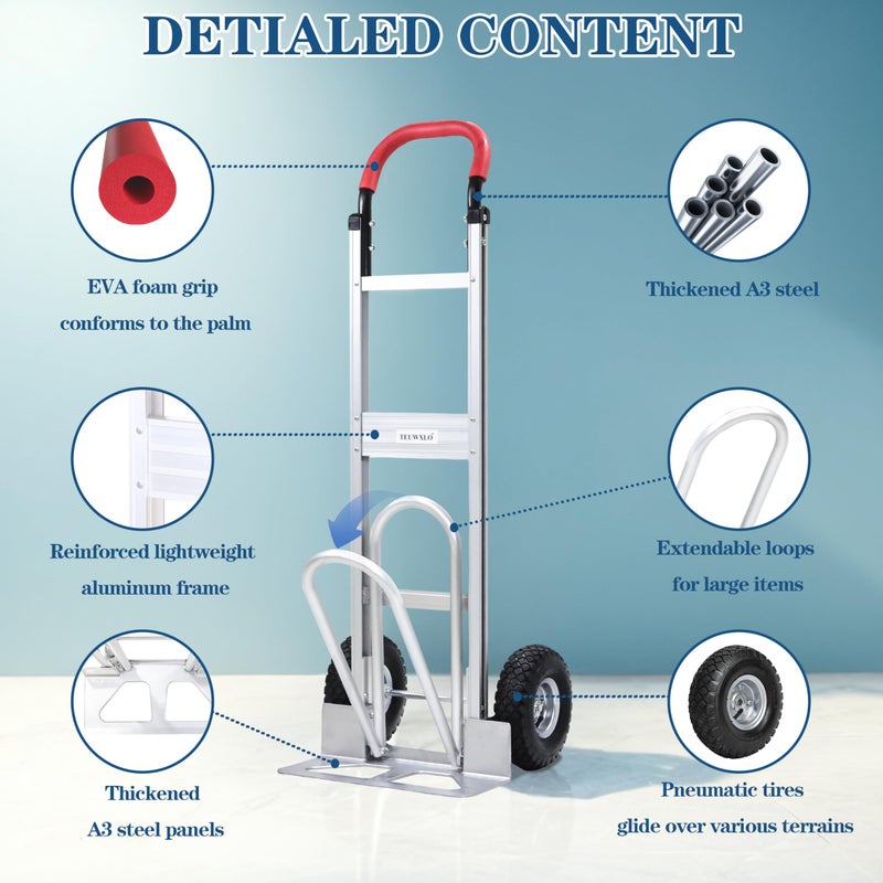 TEUWXLO Aluminum Alloy Hand Truck with U-Shaped Handle, 2 Rubber Wheels, 600 lb Capacity, Ext endable Base Plate - Suitable for Warehouse, Office, Home & Multiple Usage Scenarios - Image 3