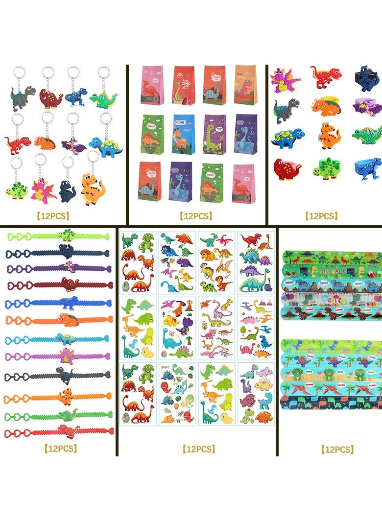 72 Pcs/Set Dinosaur Themed Birthday Party Decor Dino Bracelet Ring Key Chain Wristband Stickers Goodie Bag Favors Supplies for Kids Birthday Gifts  - Image 2