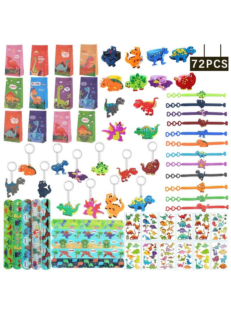 72 Pcs/Set Dinosaur Themed Birthday Party Decor Dino Bracelet Ring Key Chain Wristband Stickers Goodie Bag Favors Supplies for Kids Birthday Gifts  - Image 4