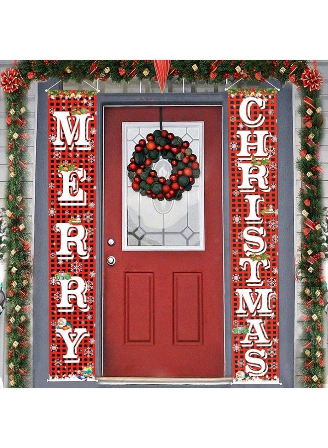 FECEDY Merry Christmas Hanging Banner Porch Sign With Pattern Christmas Tree Presents Snow Banner For Home Yard Indoor Outdoor Wall Door Christmas Party Decorations 72"X12" - Image 1
