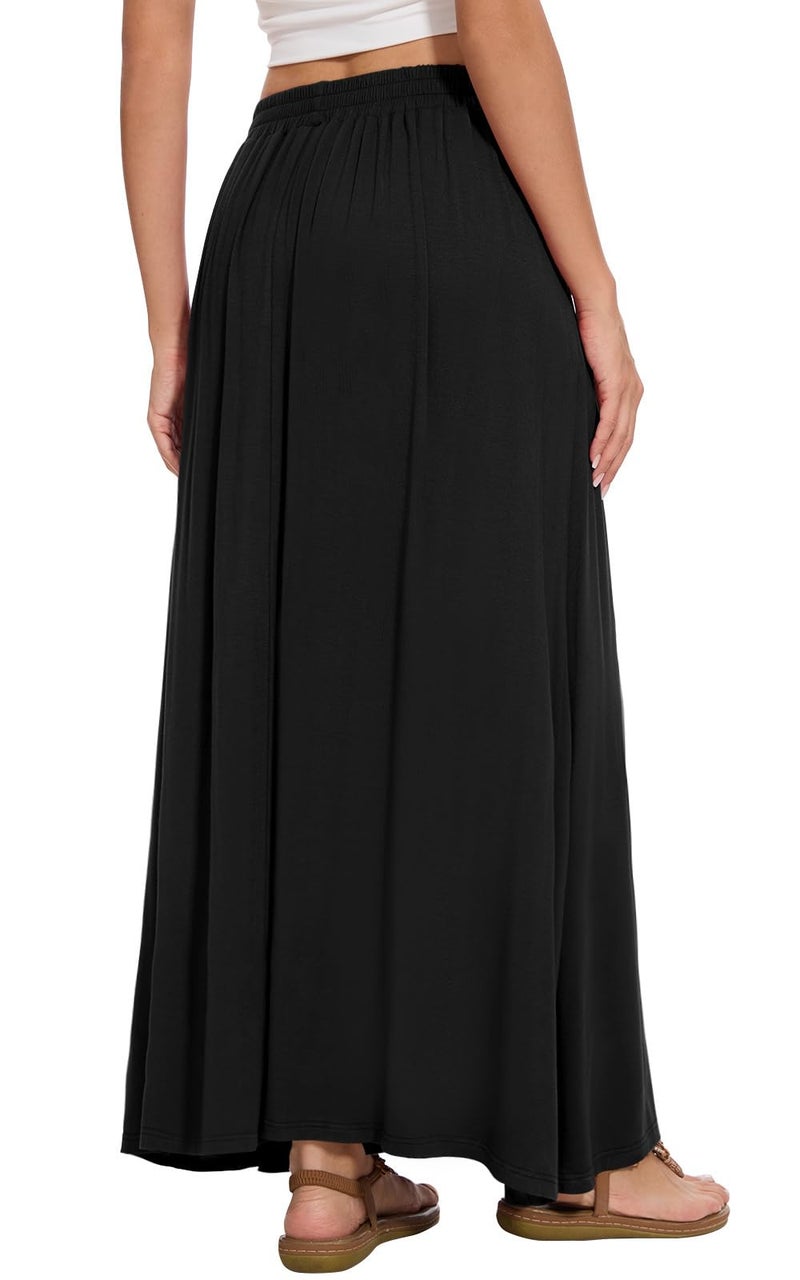 Leafsay Womens Maxi A-line Long Summer Skirt Elastic High Waist Flowy Skirt with Pockets(Black,S) - Image 3