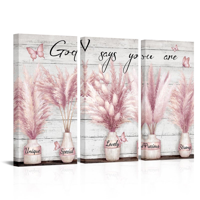 Visual Art Decor God Says You Are Wall Art Motivational Quotes Wall Decor Bathroom Bedroom Wall Decor Picture Framed 8x16inchx3Pieces (Pink) - Image 1