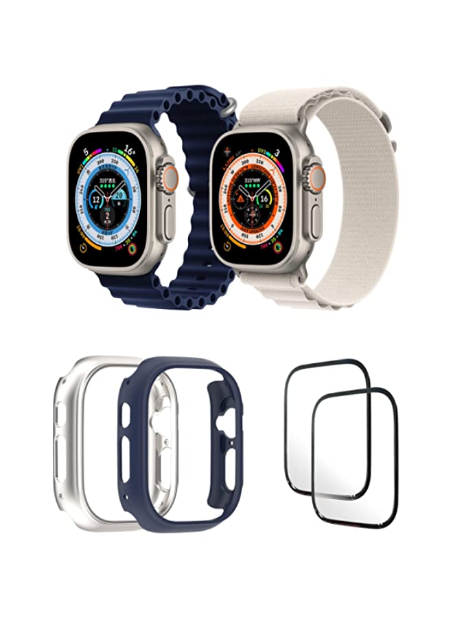 IAF Silicone Ocean Band Strap for iWatch Ultra 8 49mm,Nylon G-hook Loop Buckle Watch Strap Dark Blue/White , Case Compatible with iWatch Ultra 49mm Transparent/Blue ,2* pcs Watch glass Set of 6