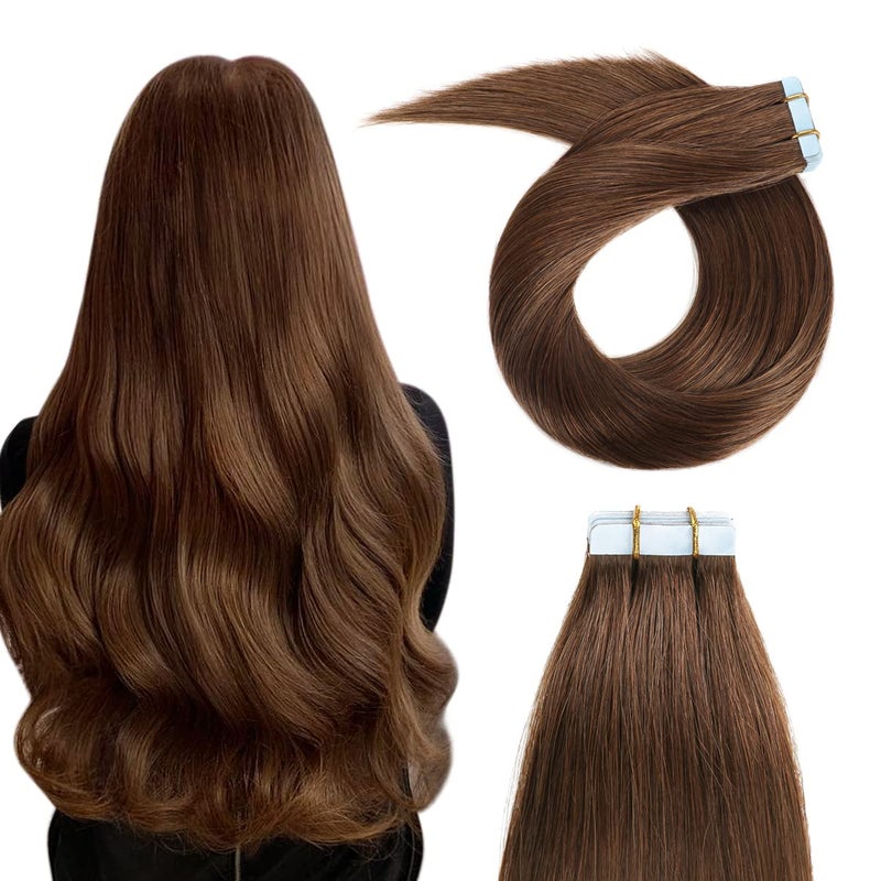 YILITE Tape in Human Hair Extensions 22 inches 20pcs 50g Straight Real Human Hair Seamless Skin Weft 4 Medium Brown Tape in Human Hair Extensions