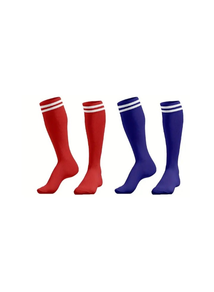 زوجان من جوارب كرة القدم الضاغطة عالية الركبة للجنسين – زوج أزرق وزوج أحمر – مريحة، ماصة للعرق، متعددة الألوان للرجال والنساء والشباب