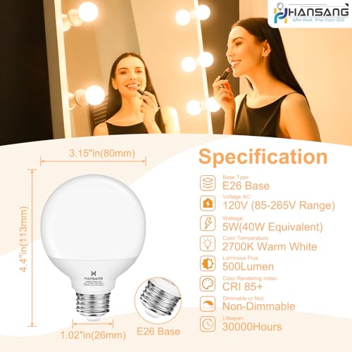 hansang G25 LED Vanity Light Bulb 5W (40W Incandescent Equivalent) 2700K Warm White, Decorative Globe Light Bulbs, E26 Base, 500LM Perfect for Bathroom/Vanity Makeup Mirror, Non-Dimmable, 4 Pack - Image 3