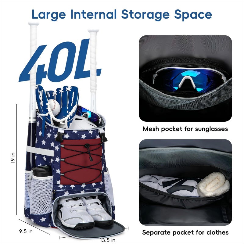 KAVIGOR Baseball Bag for Youth and Adult, Softball Backpack 40L Large Capacity, Bat Backpack with Shoes Compartment and Hidden Helmet Holder - Image 3