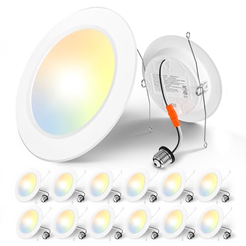 Amico Recessed Lighting 5/6 Inch, 12 Pack 5CCT Flat LED Can Lights, 2700K/3000K/4000K/5000K/6000K Selectable,12W Eqv 110W, 1050LM Brightness, Retrofit Installation - ETL & FCC, White - Image 1