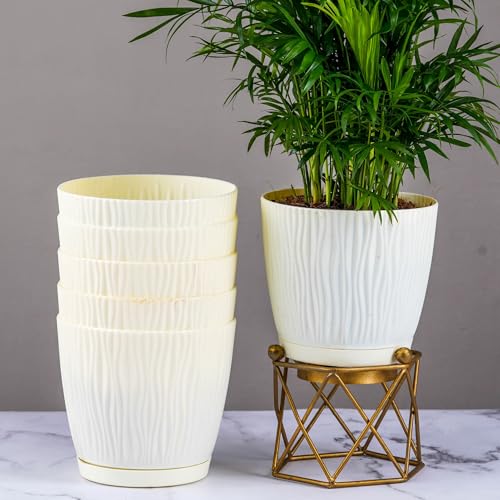 Nurturing Green® Set of 6 Self Watering Pots for Home, Decor & Garden | Flower Pots, Planters for Indoor Plants | Plastic Pots for Living Room (Color: Ivory, Size: 14cm x 12.5cm Each) - Image 1