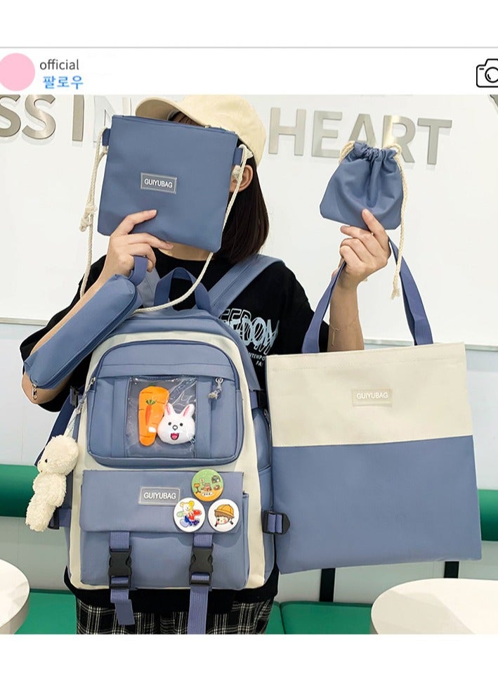 مجموعة حقيبة الظهر حقيبة كمبيوتر محمول مدرسية لطيفة من القماش Daypack 5 قطع مع حقيبة كتف، صندوق أقلام رصاص، حقيبة حمل، حقيبة صغيرة