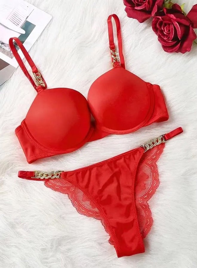 MARGOUN Women 38C Size Push Up Bra Set Soft Breathable Transparent Lace Panties Lingerie Suit Adjustable Women Underwear Red - Image 1