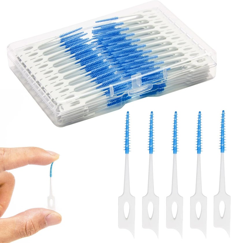 ACSKD Dental Floss Picks, 200 Count, Soft Rubber Brush Head, Interdental Brushes with Convenient Carry Case,Dual-Ended Toothpick Travel Teeth Cleaning Tools (Blue) - Image 1