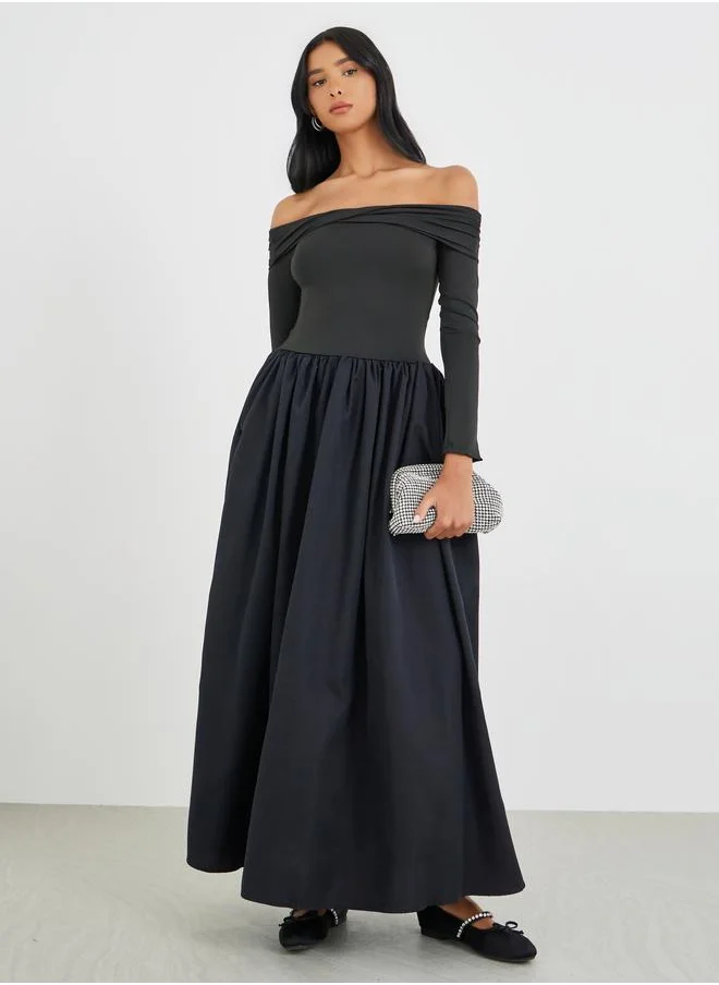 تايك تو Take Two Solid Off Shoulder Long Sleeve A-Line Maxi Dress