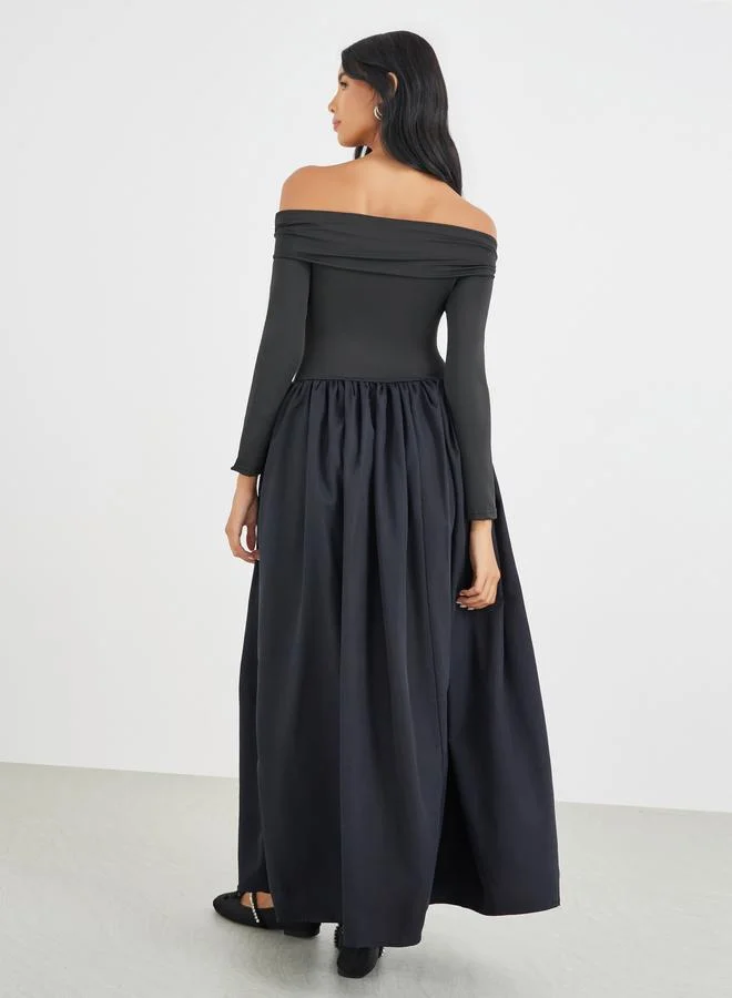 Take Two Take Two Solid Off Shoulder Long Sleeve A-Line Maxi Dress