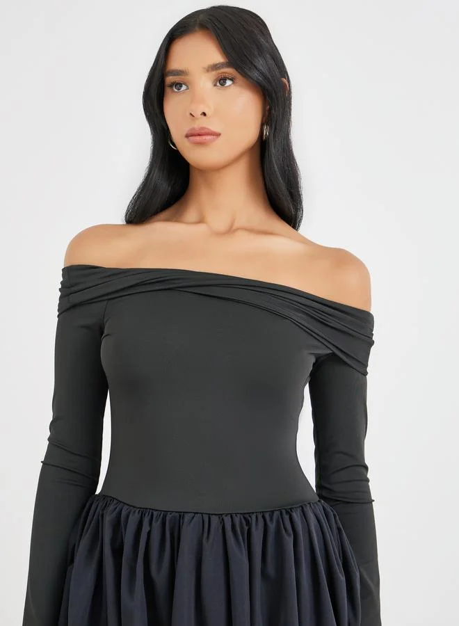 Take Two Take Two Solid Off Shoulder Long Sleeve A-Line Maxi Dress