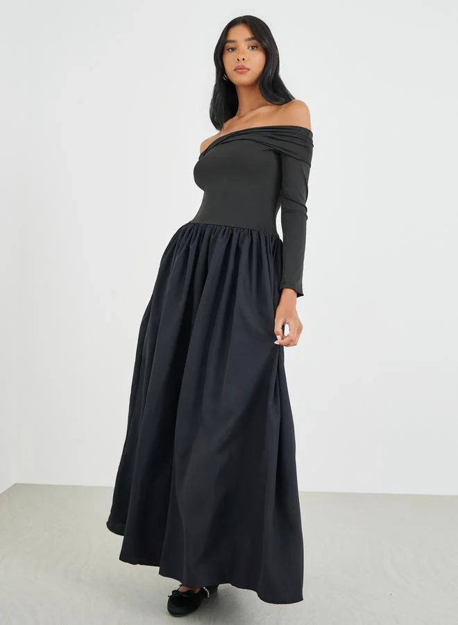 Take Two Take Two Solid Off Shoulder Long Sleeve A-Line Maxi Dress