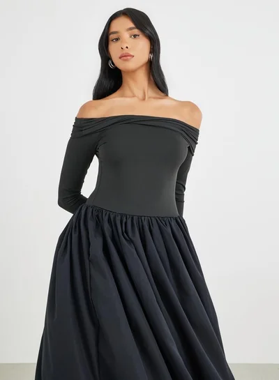 Take Two Take Two Solid Off Shoulder Long Sleeve A-Line Maxi Dress