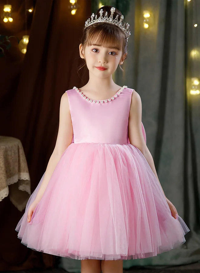 تايك تو Girls Pearl Decor Bow Tie Deep V-Back Princess Party Dress