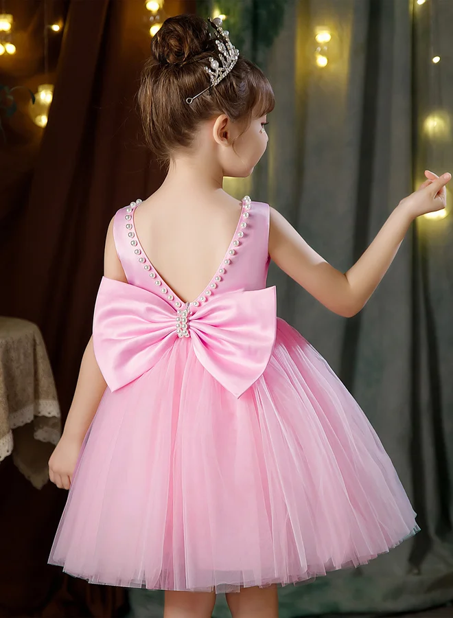 تايك تو Girls Pearl Decor Bow Tie Deep V-Back Princess Party Dress