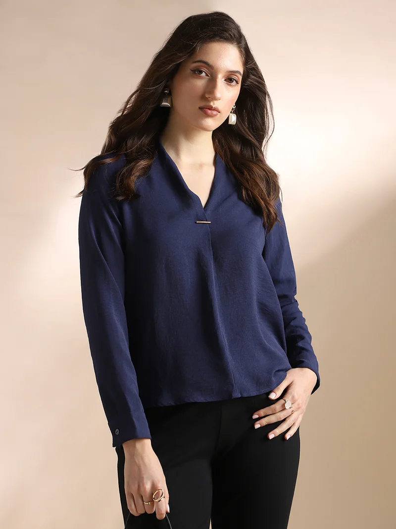 Globus Women Navy Blue V-Neck Cuffed Sleeves Self Design Workwear Top