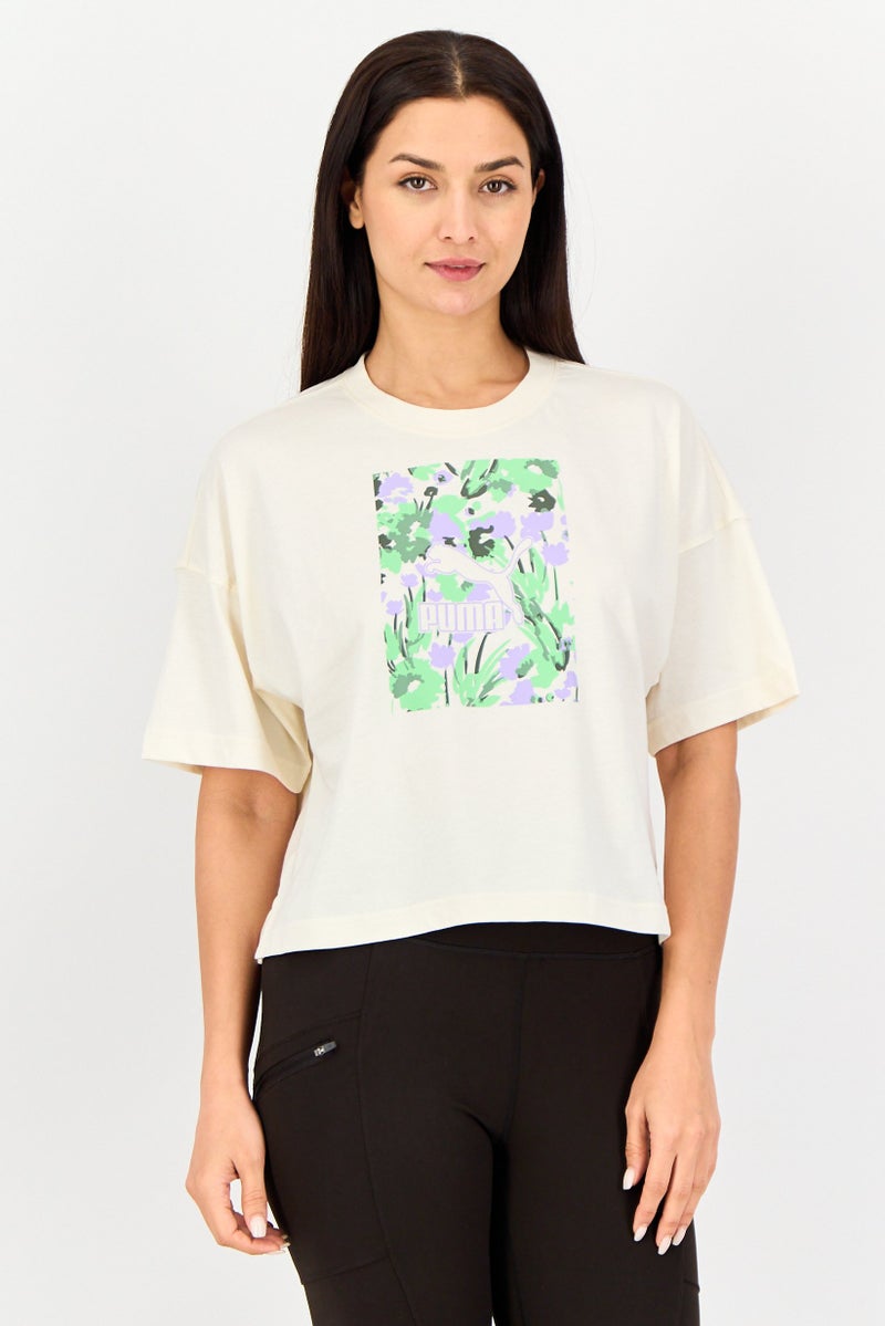 PUMA Women Sportswear Fit Graphic Print Outdoor T-Shirt, Off White - Image 1