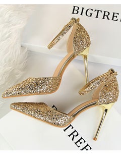 BIGTREE Women's Sequin Closed Pointed Toe 9.5 CM High Heels Ankle Strap Stiletto Pumps Gold  - Image 3