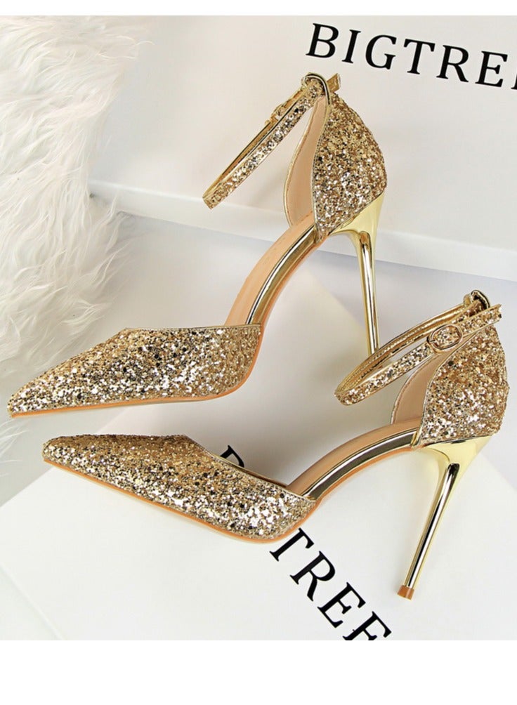 بيج تري Women's Sequin Closed Pointed Toe 9.5 CM High Heels Ankle Strap Stiletto Pumps Gold - Image 3