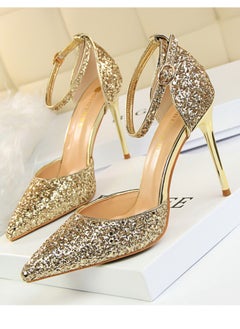 BIGTREE Women's Sequin Closed Pointed Toe 9.5 CM High Heels Ankle Strap Stiletto Pumps Gold  - Image 1