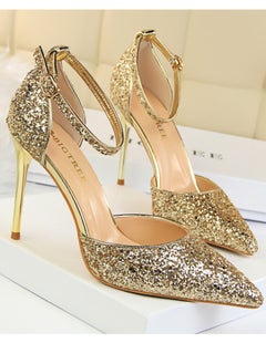 BIGTREE Women's Sequin Closed Pointed Toe 9.5 CM High Heels Ankle Strap Stiletto Pumps Gold  - Image 2