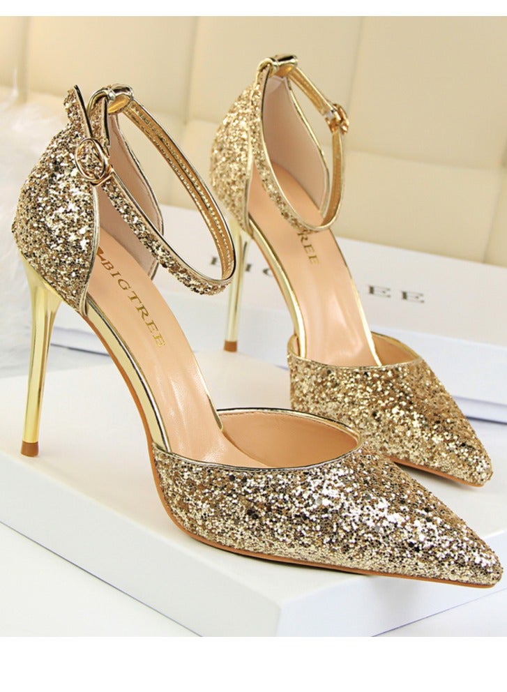 بيج تري Women's Sequin Closed Pointed Toe 9.5 CM High Heels Ankle Strap Stiletto Pumps Gold - Image 2
