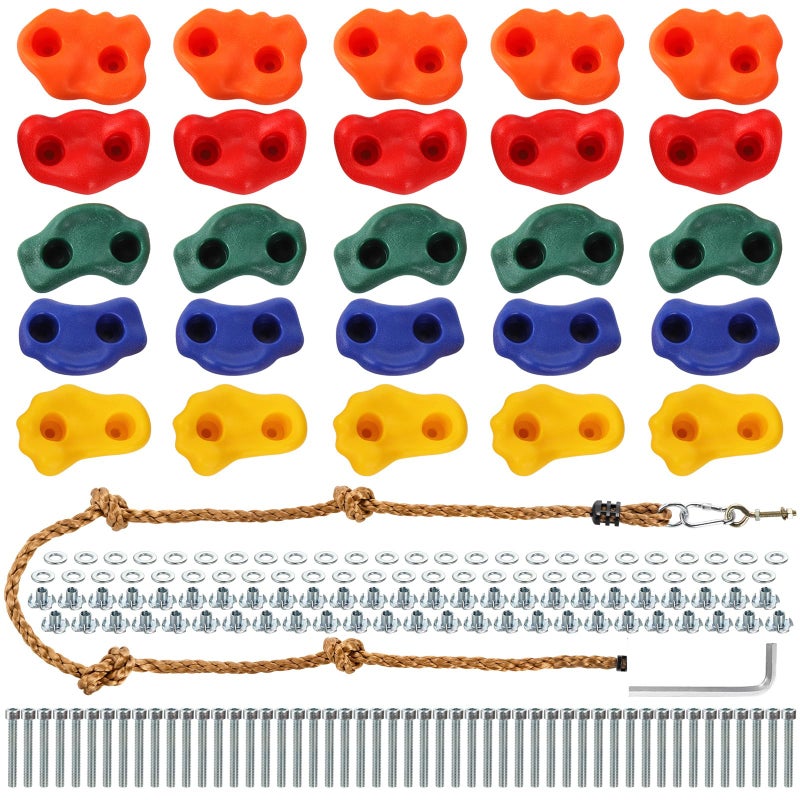 ZENFUN 25 Packs Rock Climbing Holds for Kids and Adults, Indoor & Outdoor Rock Wall Climbing Kit, Multi-Colored Climbing Rock Wall Grips with Mounting Hardware, Knotted Rope and 25 Handles - Image 1
