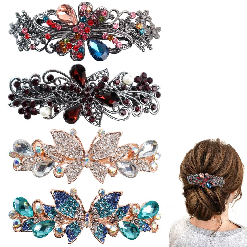 4Pcs Sparkling Rhinestone Hair BarrettesFlower Pearl Crystal Hair Clip Butterfly Rhinestone Spring Hair Barrette Clip Alloy Press Button Ponytail Braid Plate Hair Barrettes For Women Accessories