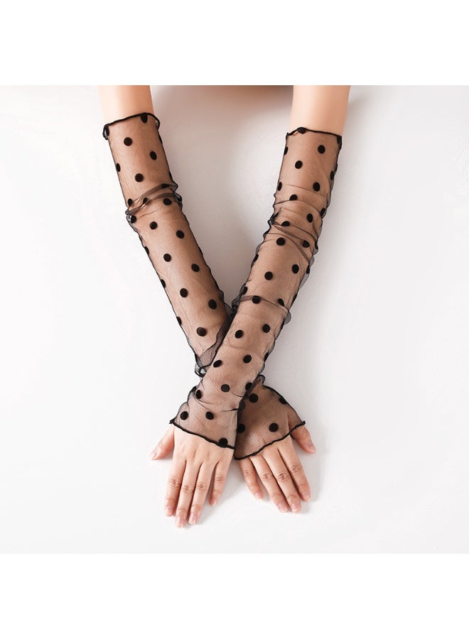 1 Pairs Women's Long Ultra-thin Lace Gloves Sun UV Protection, Cooling Mesh Tulle Sunscreen Sleeves Fingerless Arms Gloves for Indoor Outdoor - Black dots  45cm