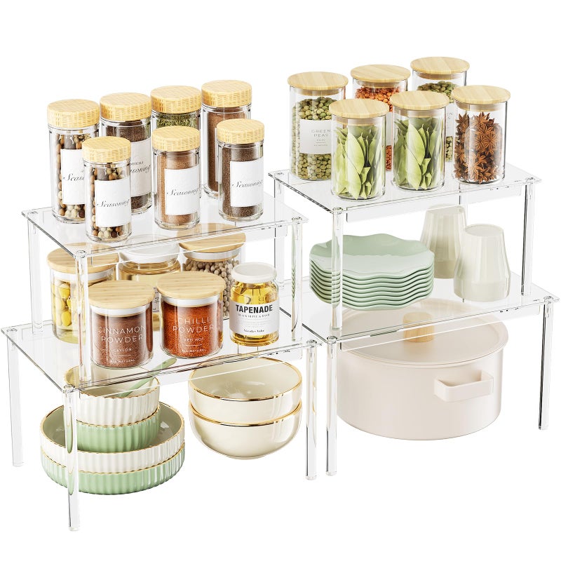 Delamu Clear Kitchen Cabinet Organizer, Set of 4 Acrylic Shelf Organizer for Cupboard Organizers and Storage, Stackable Cabinet Shelf for Plate, Dish, Bowl, Cup & Mug, 11.7" W x 7.7" D x 6.3" H - Image 1